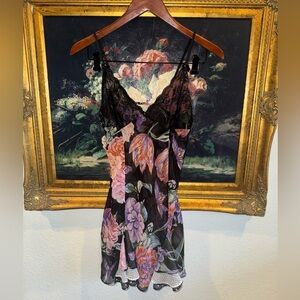 In Bloom Black Floral Lace Accent Polka Dot Print Flouncy Chemise Nightie S